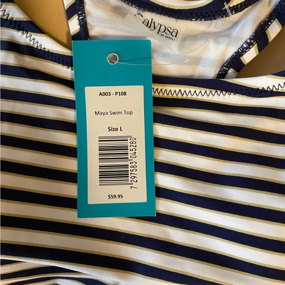 Calypsa by Modli Maya Swim Top Tankini White Navy Gold Striped - Picture 7 of 12